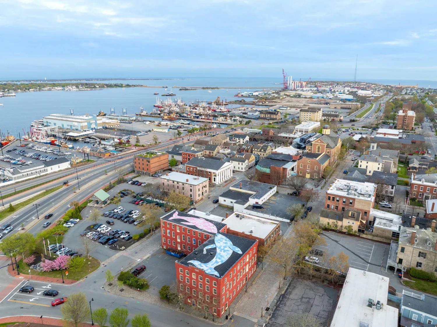Aerial view of the New Bedford waterfront and downtown